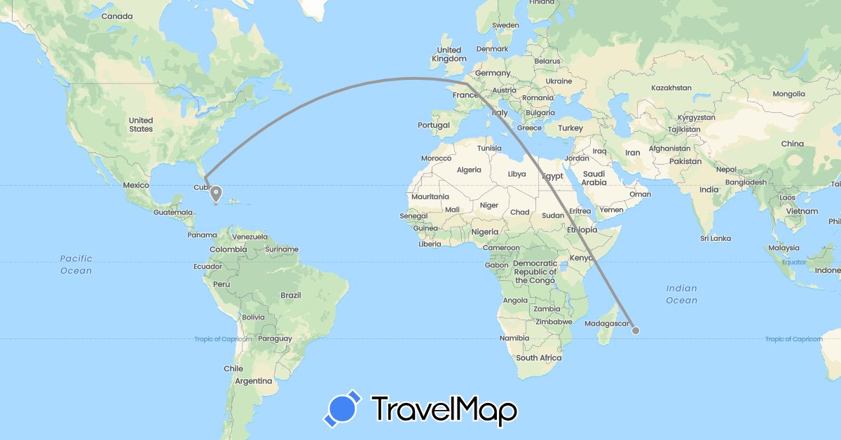 TravelMap itinerary: driving, plane in France, Jamaica, United States (Europe, North America)